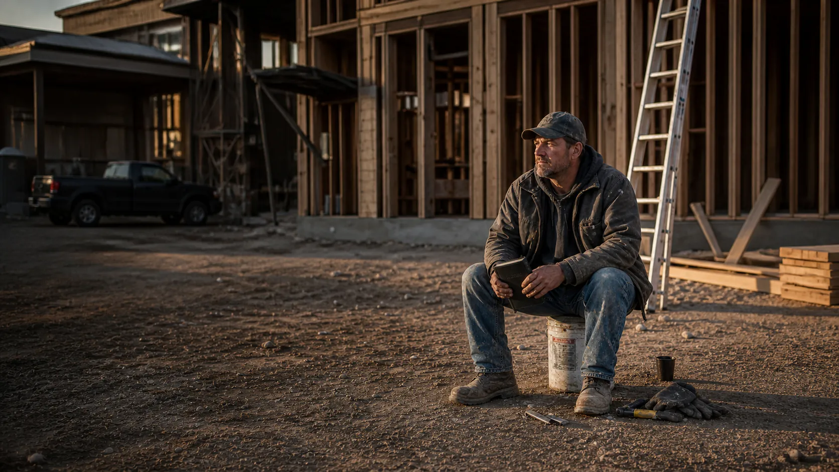 A tradesman taking a reflective break with a closed Bible at a construction site
